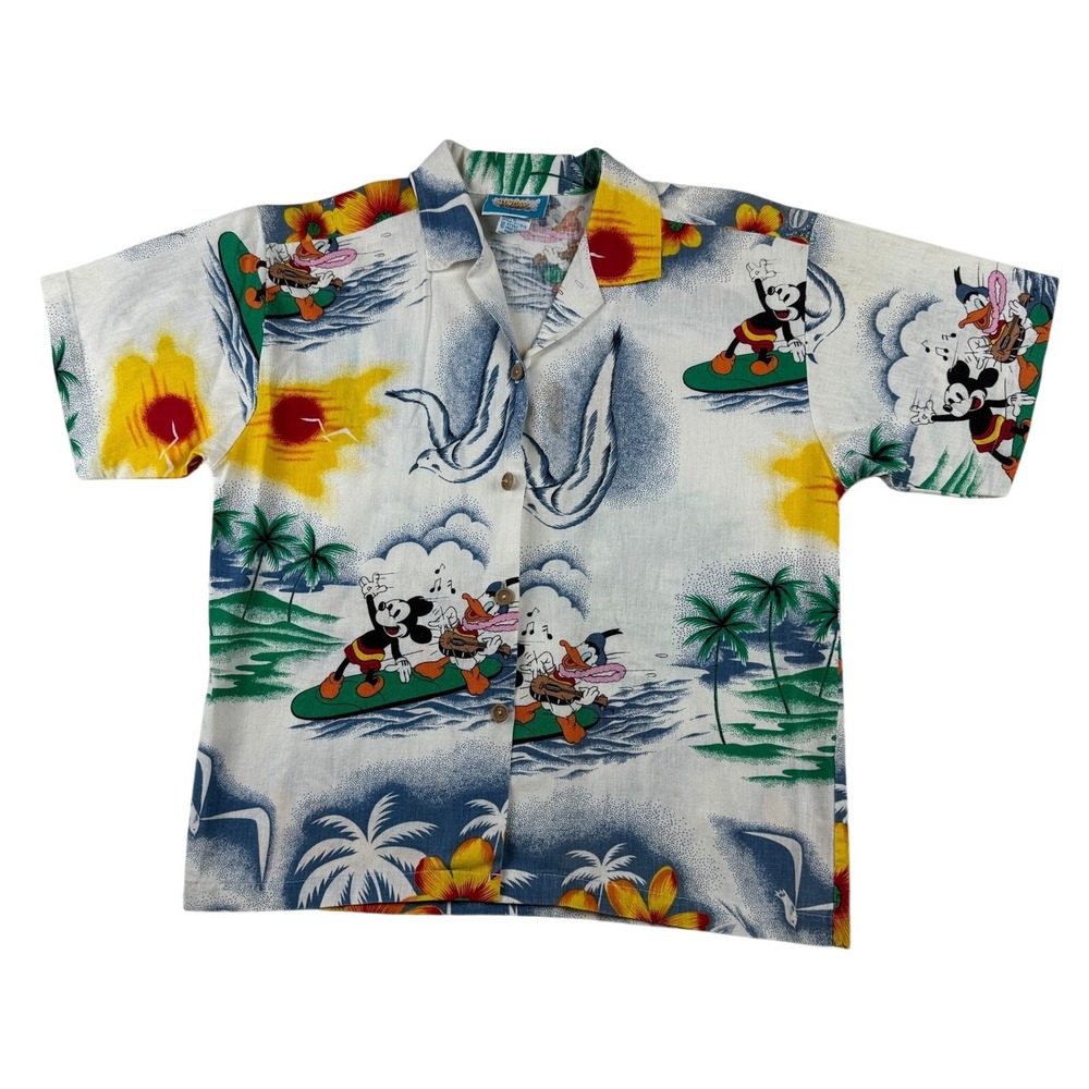Vintage 90's Disney Sunday‎ Comics Mickey Donald Hawaiian Shirt Linen Cotton S